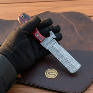 Crimson Razor Edge Bull Cutter Knife with Marbled Handle detail view by Divine Knives