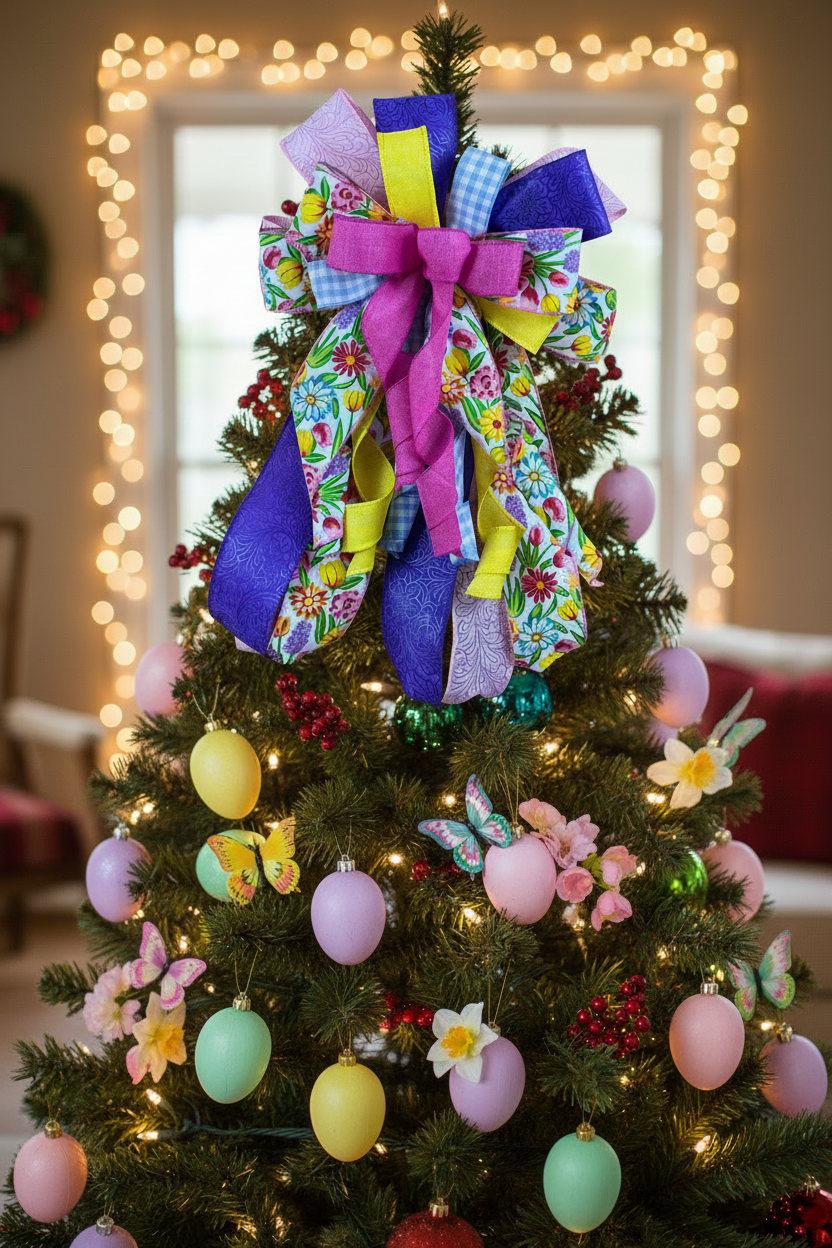 Spring Floral Wreath Bow | Door Decor with Pink, Yellow & Purple Ribbon by Bouge Creations