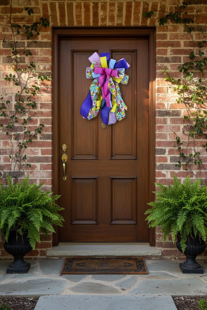 Spring Floral Wreath Bow | Door Decor with Pink, Yellow & Purple Ribbon detail view by Bouge Creations