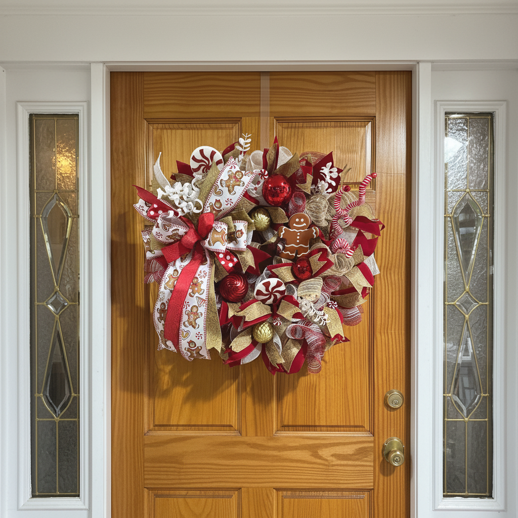 Gingerbread Christmas Wreath | Candy Cane Front Door Wreath | Handmade Christmas Cookie Holiday Decor | Farmhouse Christmas