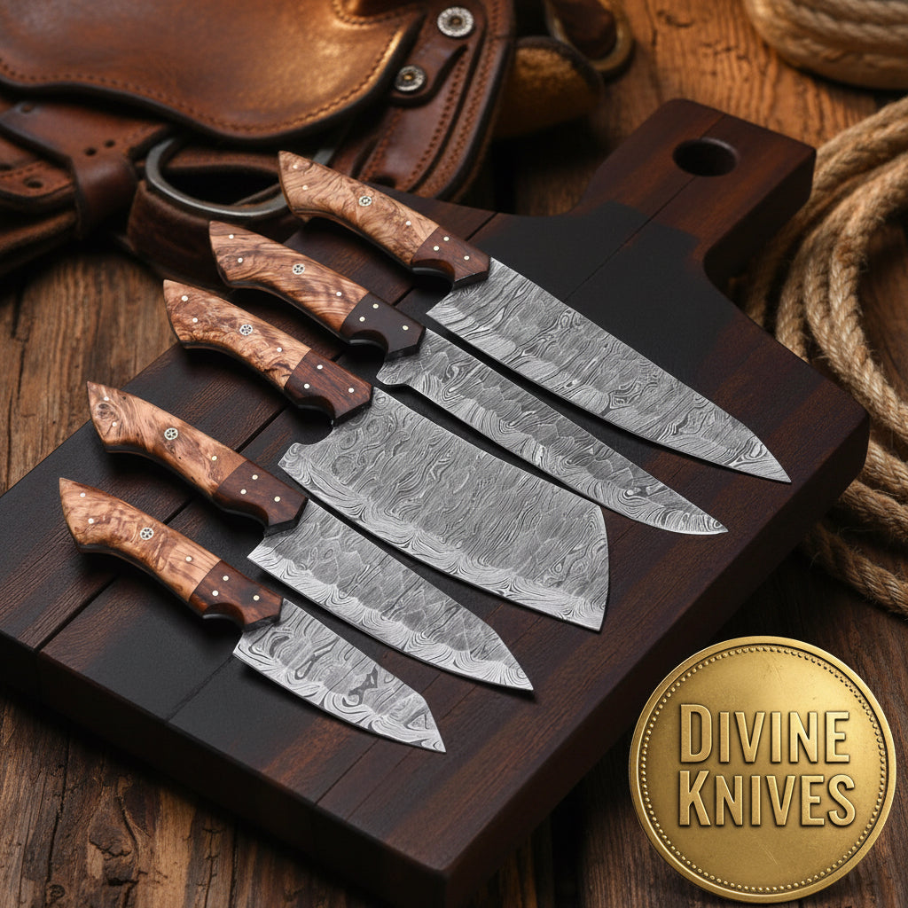 Damascus Hunter's Kitchen Set with Burl Wood Handles by Divine Knives