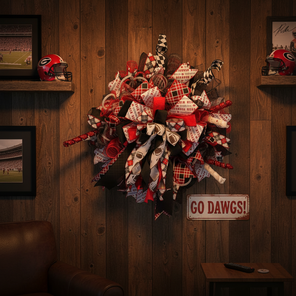 Sports Team Wreath, Red and Black Fan Décor, Game Day Football Door Decoration, detail view by Bouge Creations