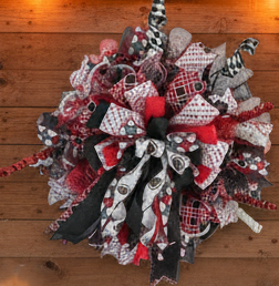 Sports Team Wreath, Red and Black Fan Décor, Game Day Football Door Decoration, detail view by Bouge Creations