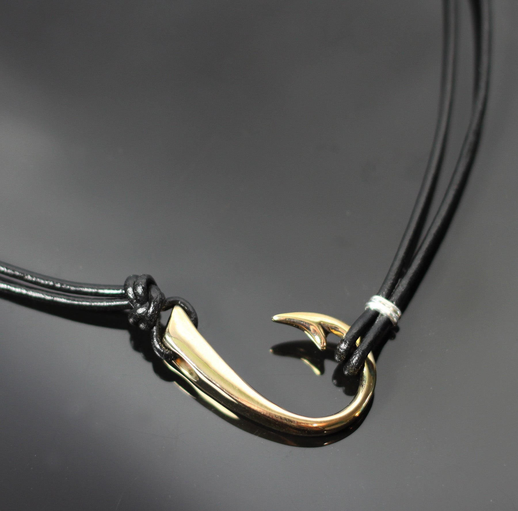 Two Way Large Bronze Hook Necklace on Black Leather by Anisa Jewelry
