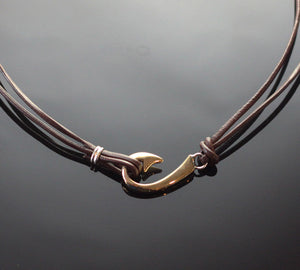 Two Way Small Bronze Hook Necklace on Double Leather by Anisa Jewelry
