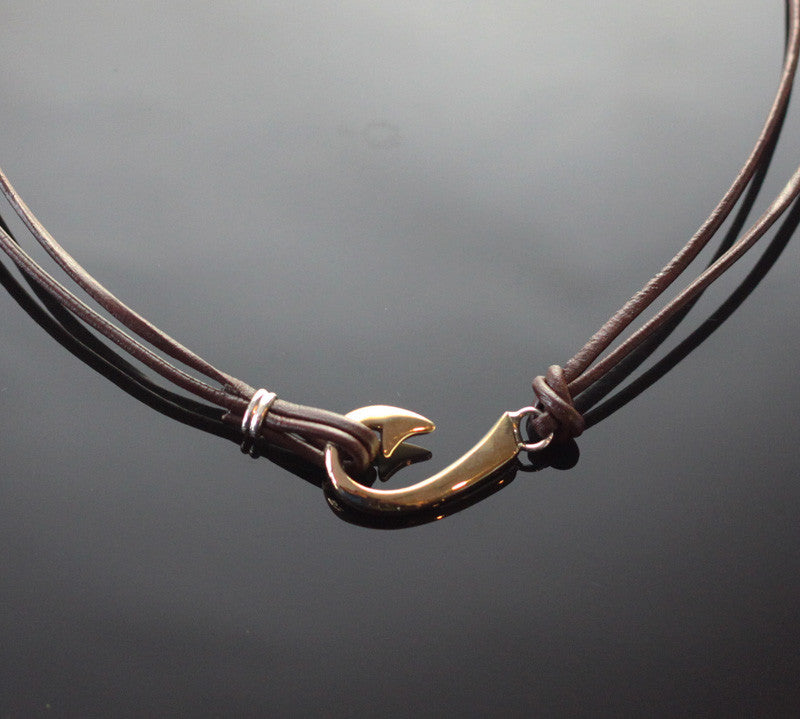 Two Way Small Bronze Hook Necklace on Double Leather by Anisa Jewelry