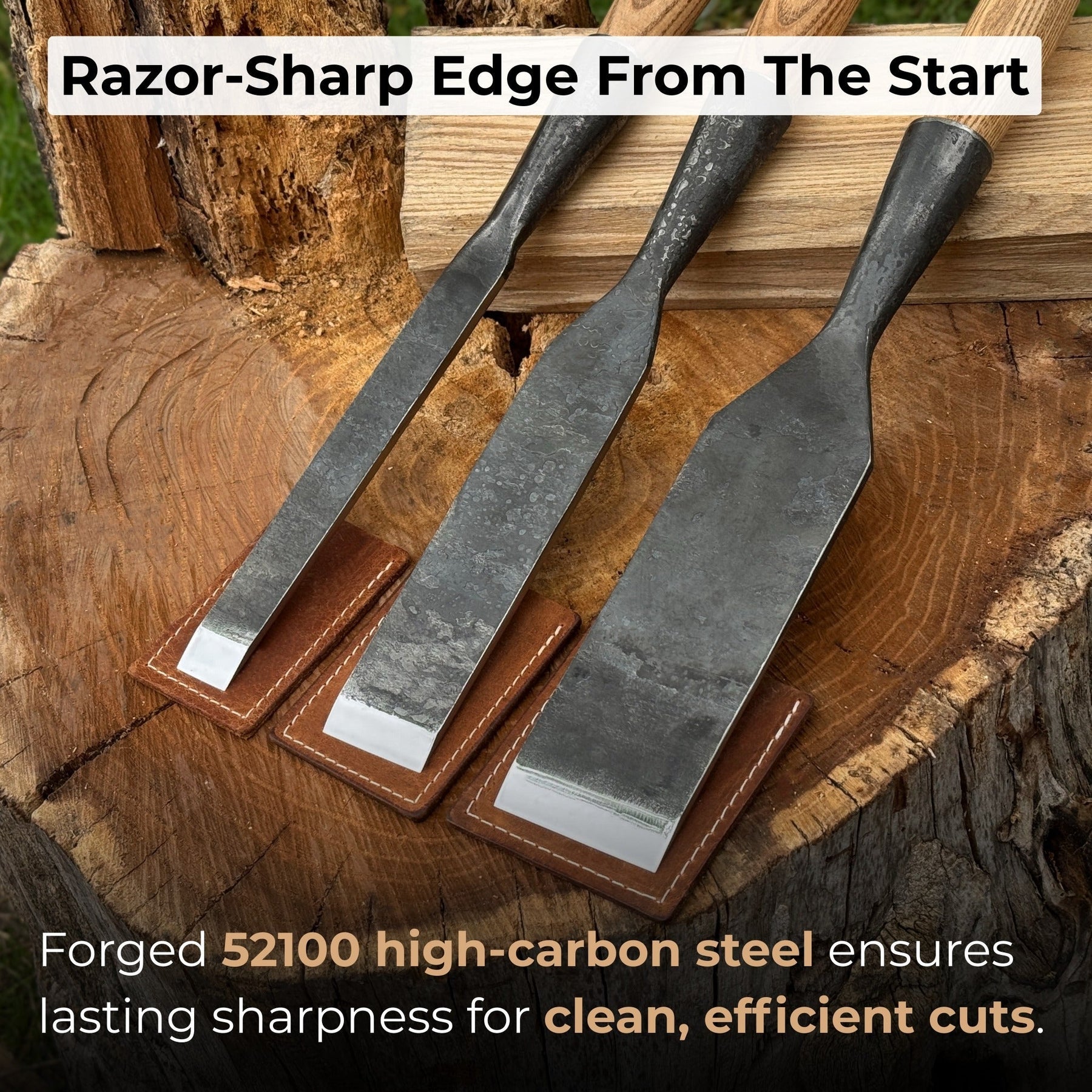 3-Piece Carpenters Slick Chisel Set detail view by Sharky Forged Steel Tools