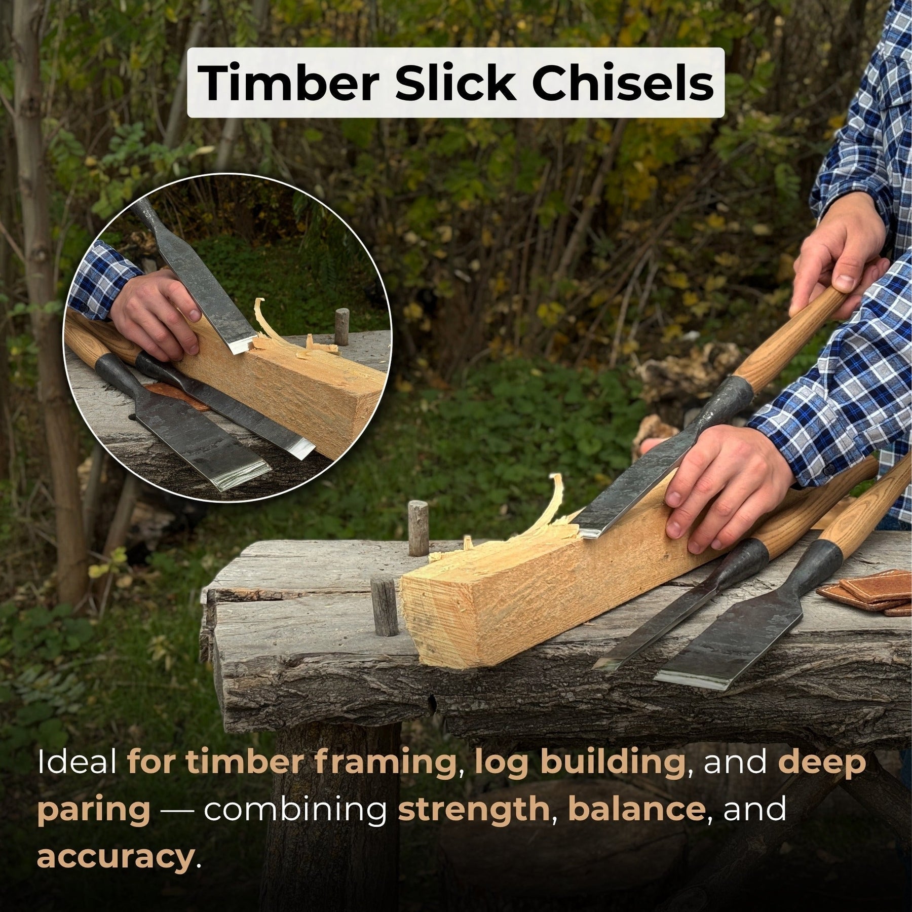 3-Piece Carpenters Slick Chisel Set detail view by Sharky Forged Steel Tools