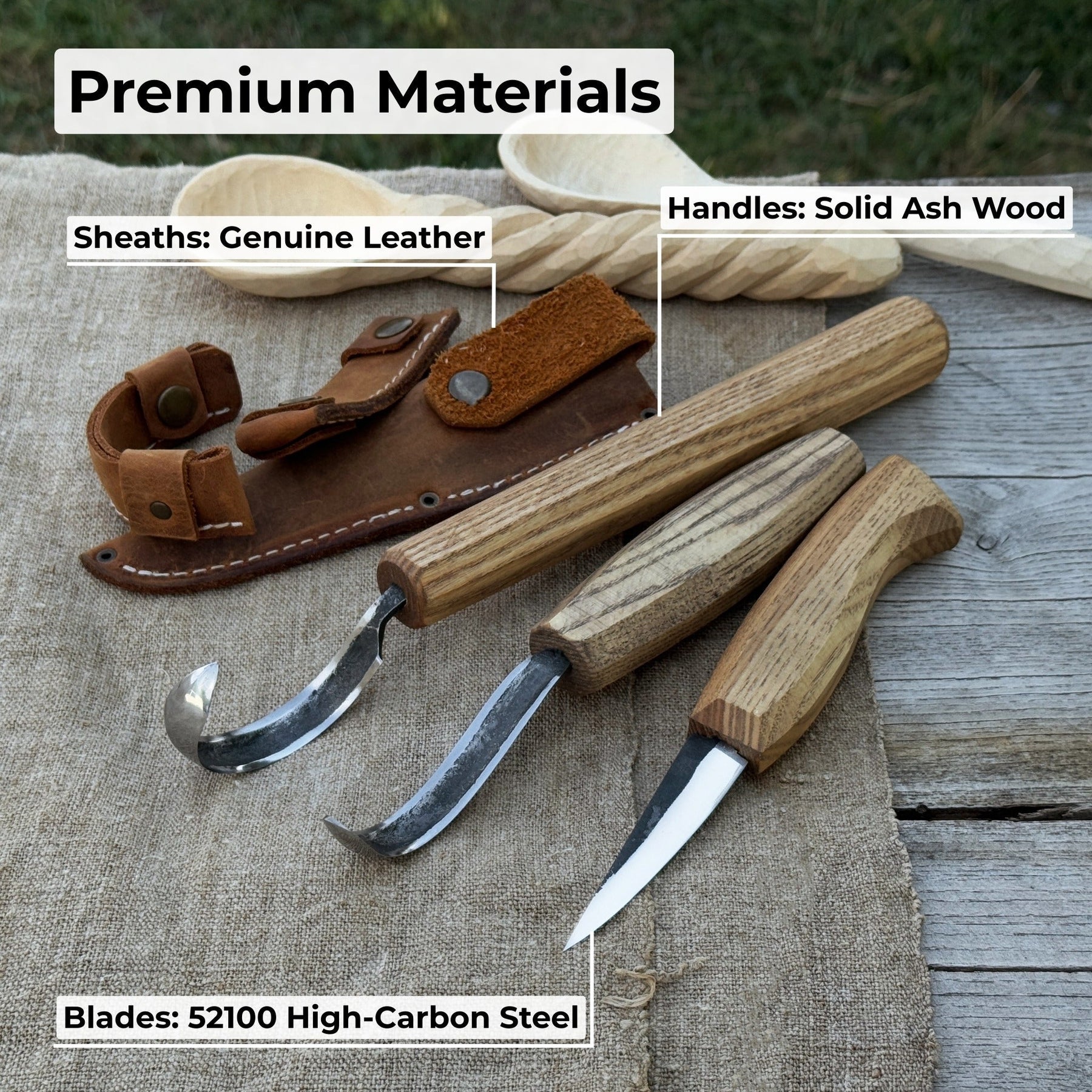3-Piece Carving Knife Set for Spoon Carving detail view by Sharky Forged Steel Tools