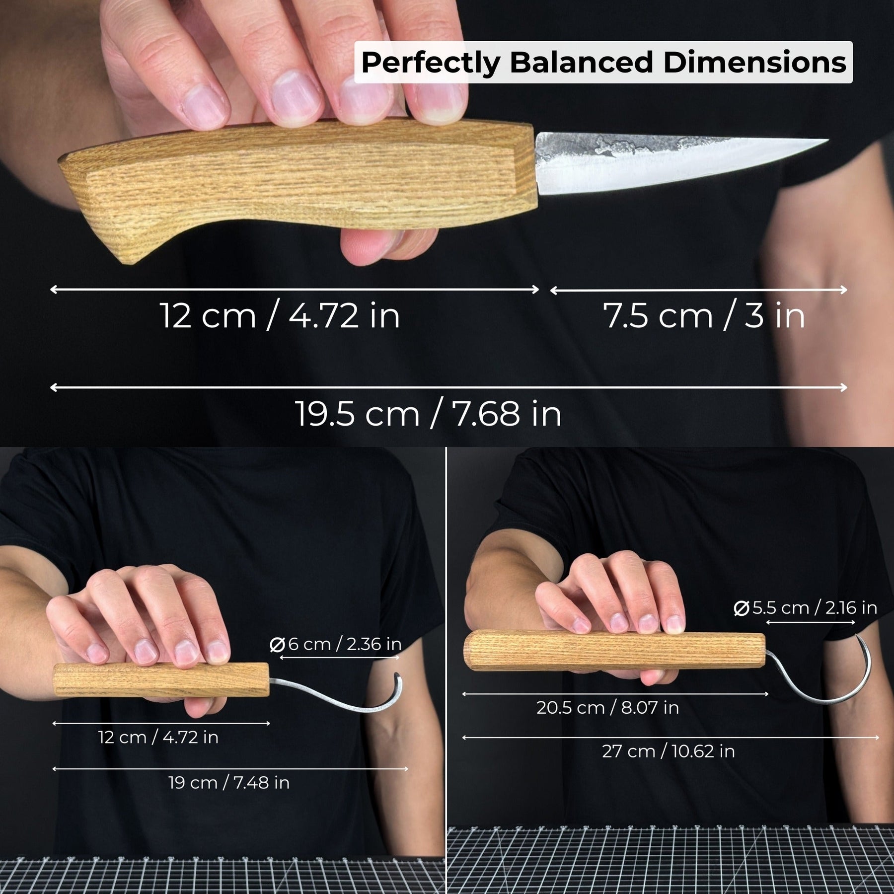 3-Piece Carving Knife Set for Spoon Carving detail view by Sharky Forged Steel Tools