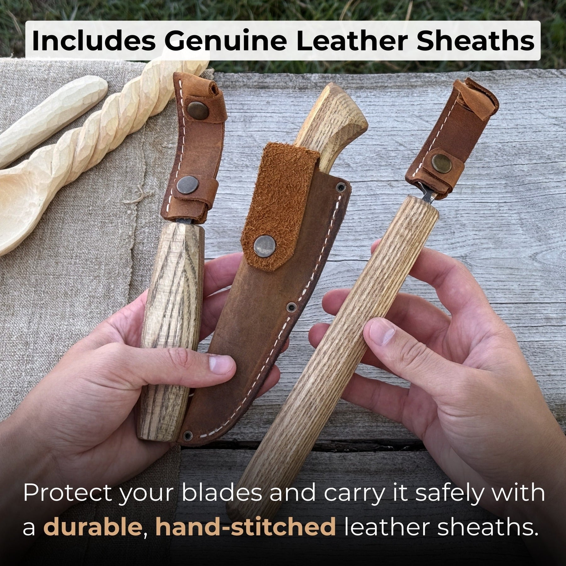 3-Piece Carving Knife Set for Spoon Carving detail view by Sharky Forged Steel Tools