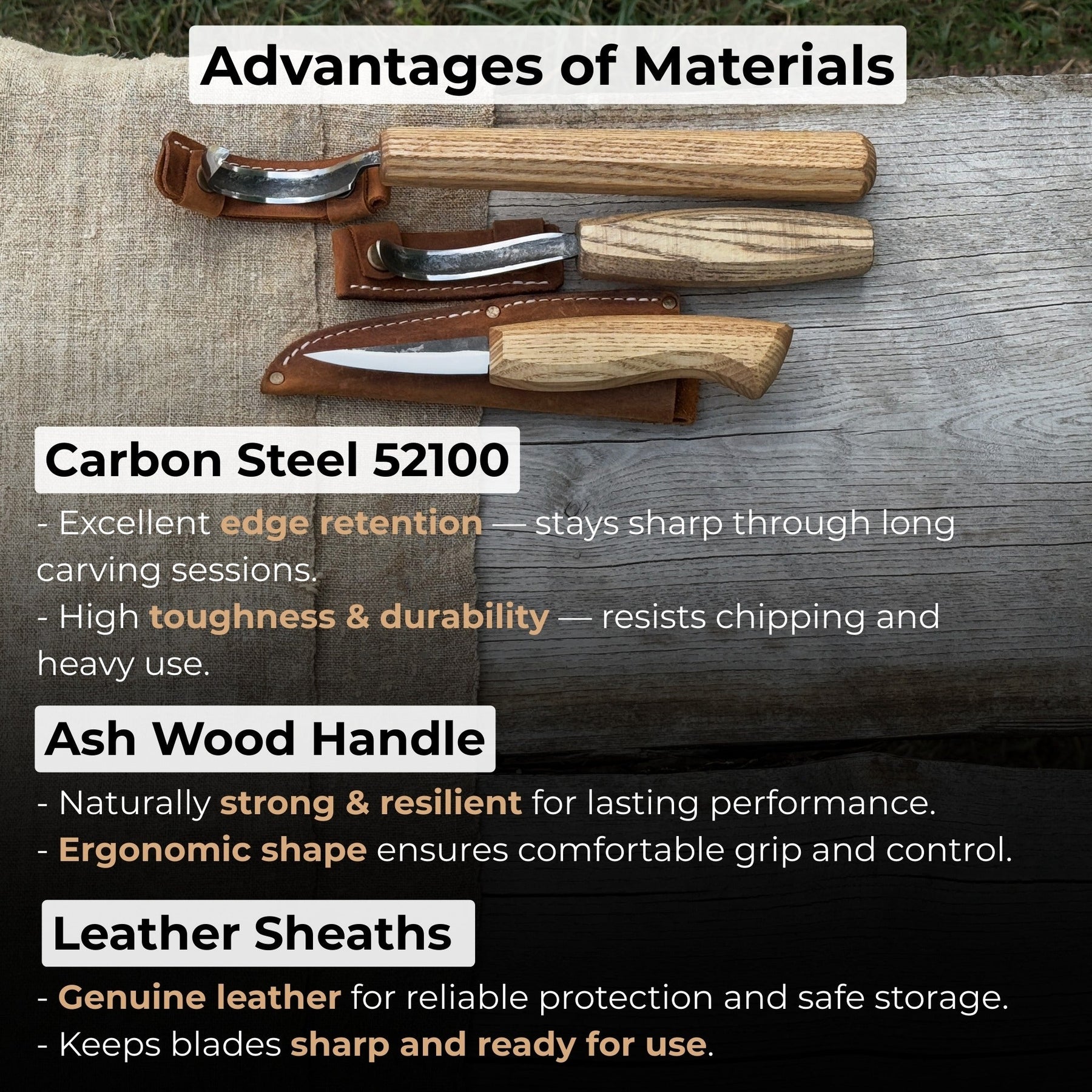 3-Piece Carving Knife Set for Spoon Carving detail view by Sharky Forged Steel Tools