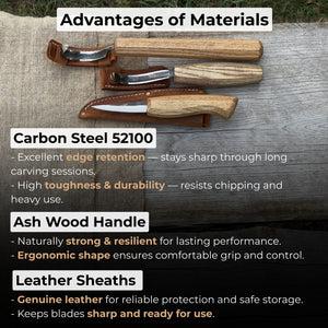 3-Piece Carving Knife Set for Spoon Carving detail view by Sharky Forged Steel Tools