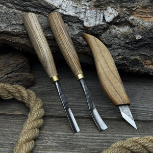 3-Piece Carving Set – Detail Gouges & Whittling Knife detail view by Sharky Forged Steel Tools
