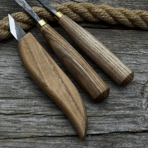 3-Piece Carving Set – Detail Gouges & Whittling Knife detail view by Sharky Forged Steel Tools