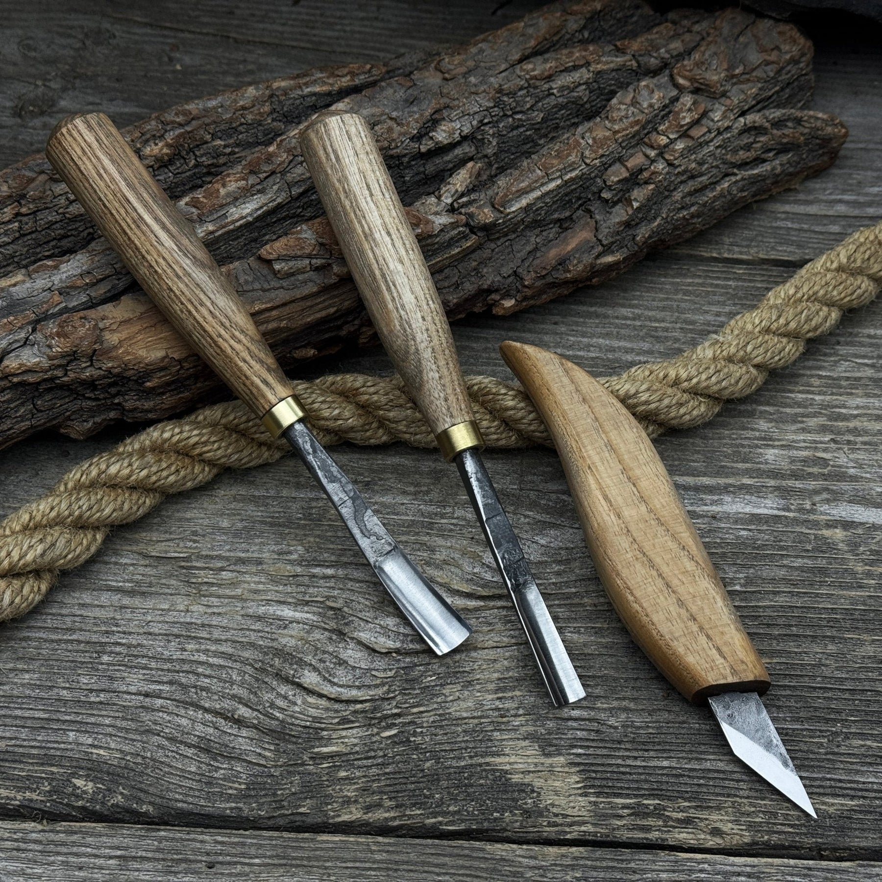 3-Piece Carving Set – Detail Gouges & Whittling Knife detail view by Sharky Forged Steel Tools