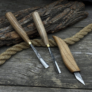3-Piece Carving Set – Detail Gouges & Whittling Knife detail view by Sharky Forged Steel Tools