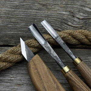 3-Piece Carving Set – Detail Gouges & Whittling Knife detail view by Sharky Forged Steel Tools