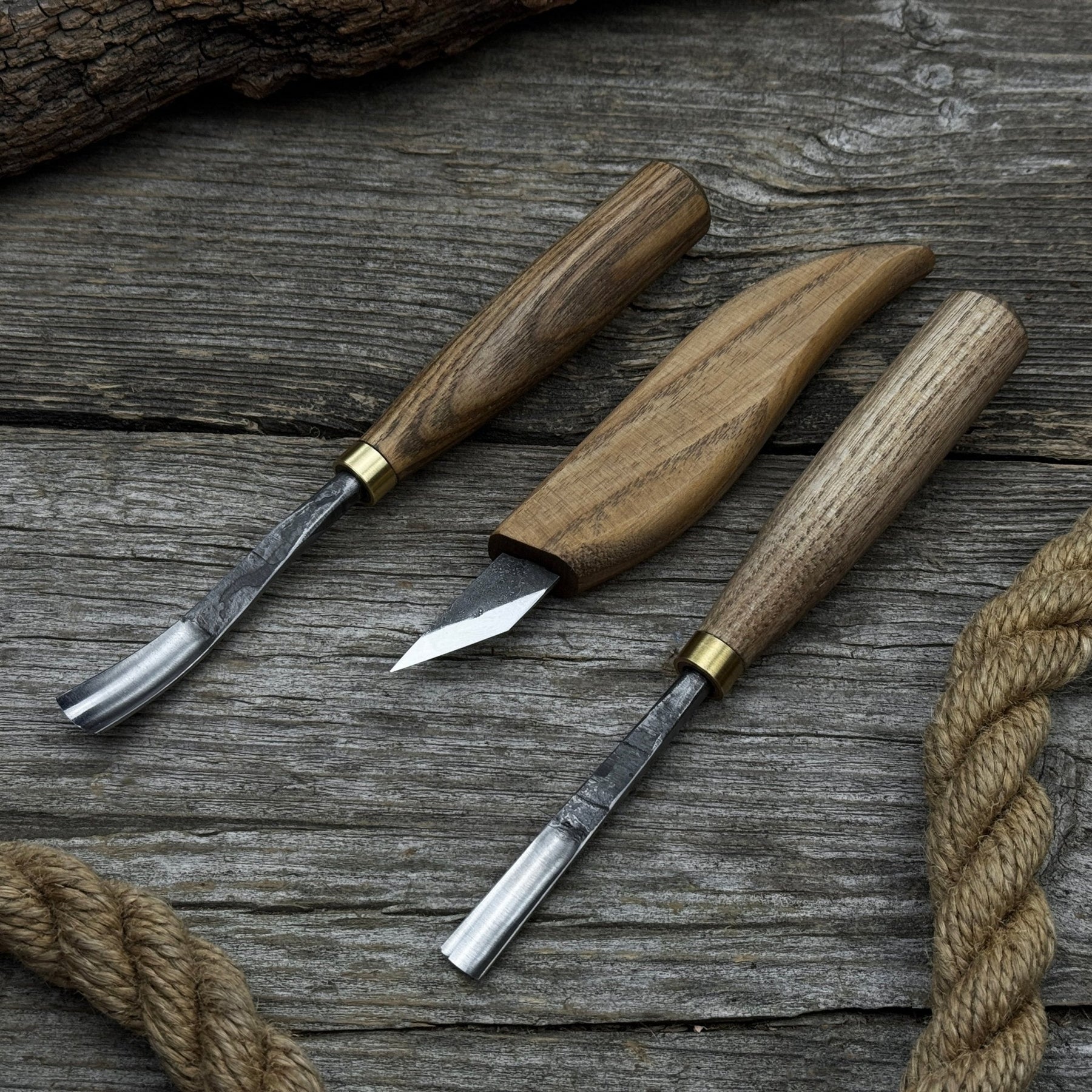3-Piece Carving Set – Detail Gouges & Whittling Knife detail view by Sharky Forged Steel Tools