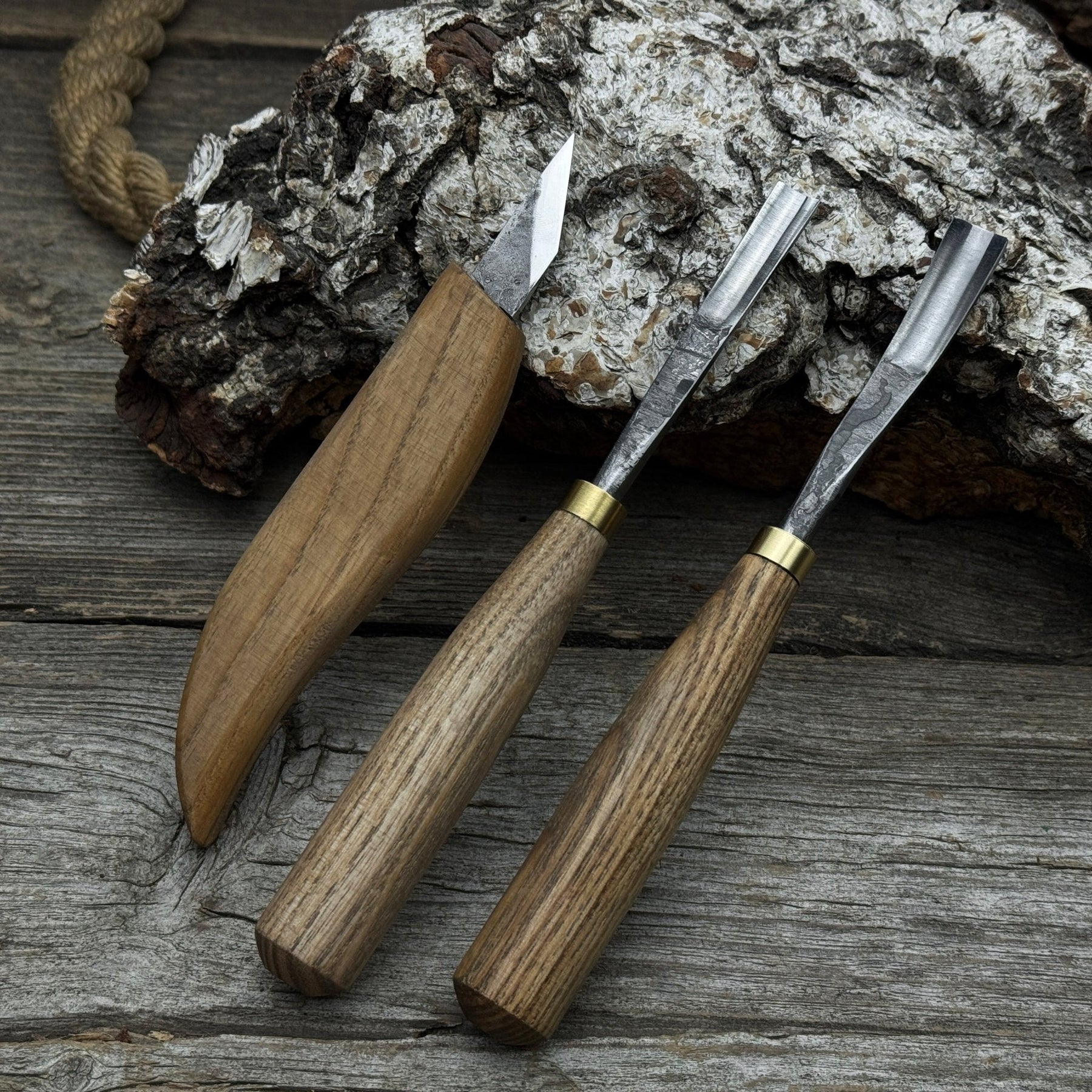 3-Piece Carving Set – Detail Gouges & Whittling Knife detail view by Sharky Forged Steel Tools