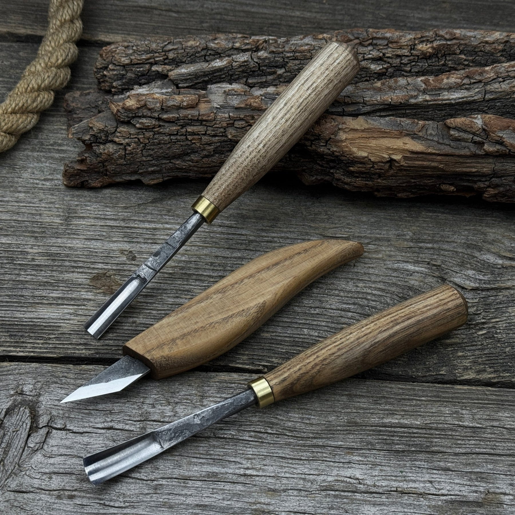 3-Piece Carving Set – Detail Gouges & Whittling Knife detail view by Sharky Forged Steel Tools