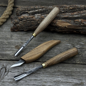 3-Piece Carving Set – Detail Gouges & Whittling Knife detail view by Sharky Forged Steel Tools