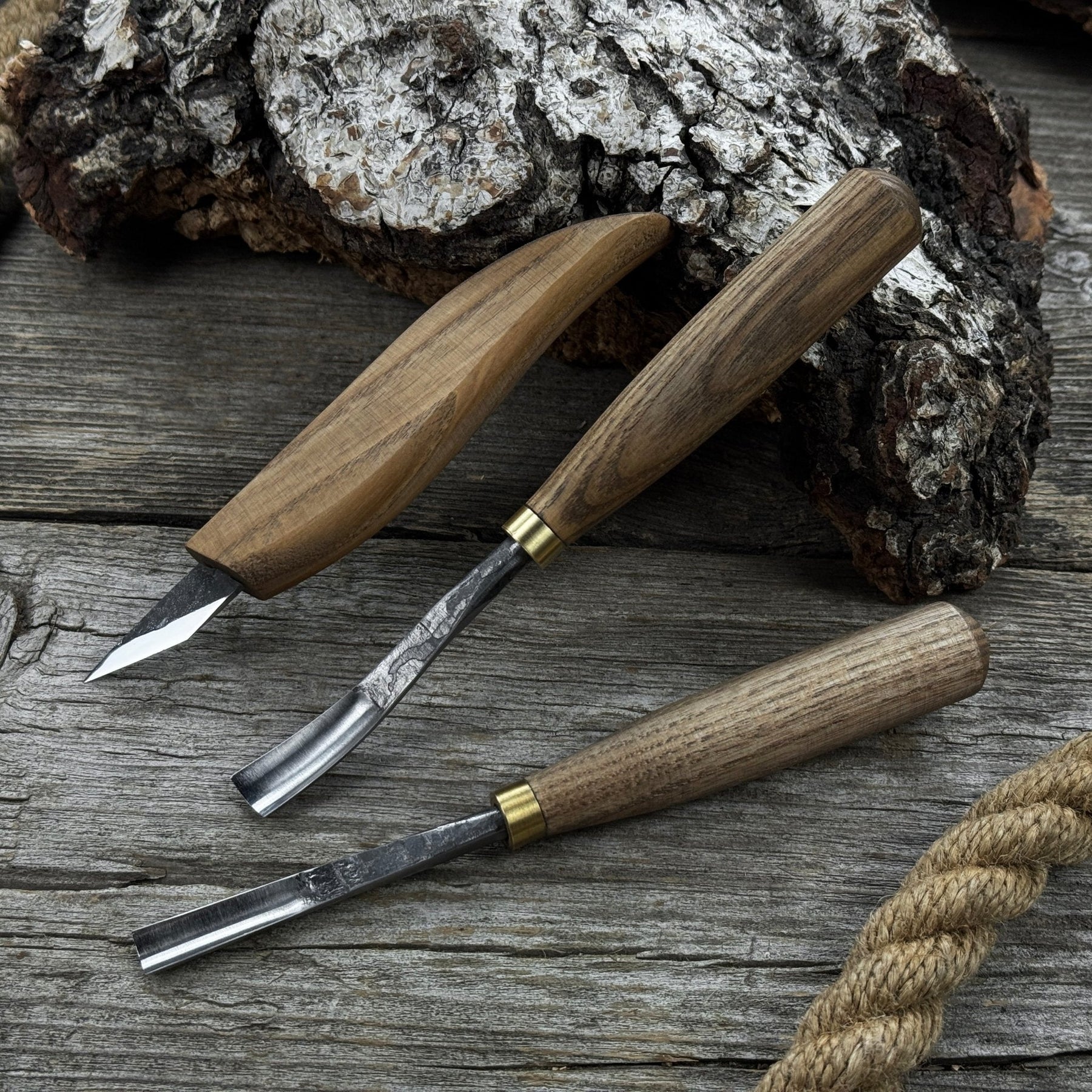 3-Piece Carving Set – Detail Gouges & Whittling Knife detail view by Sharky Forged Steel Tools