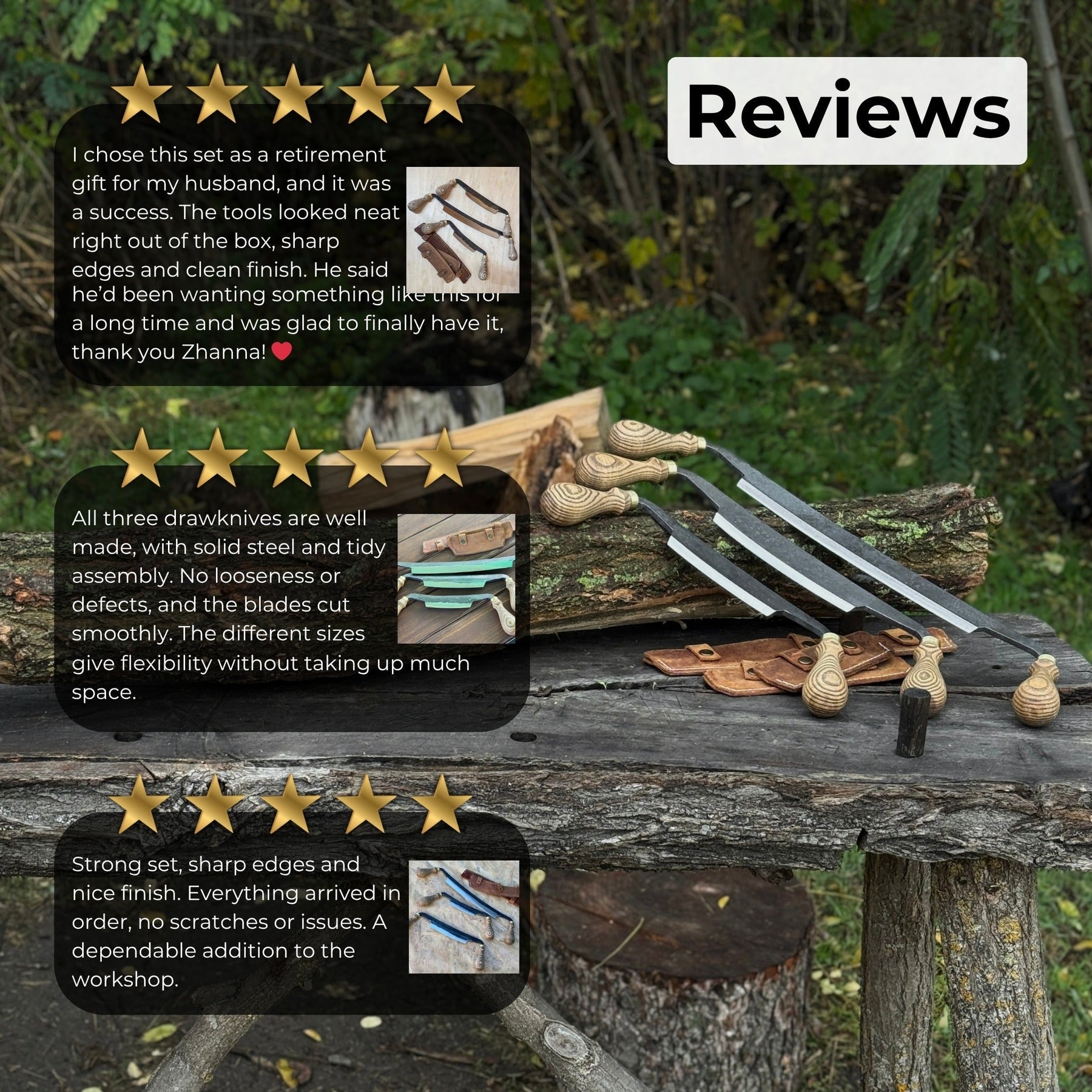3-Piece Curved Drawknife (Palm Handles) Set detail view by Sharky Forged Steel Tools