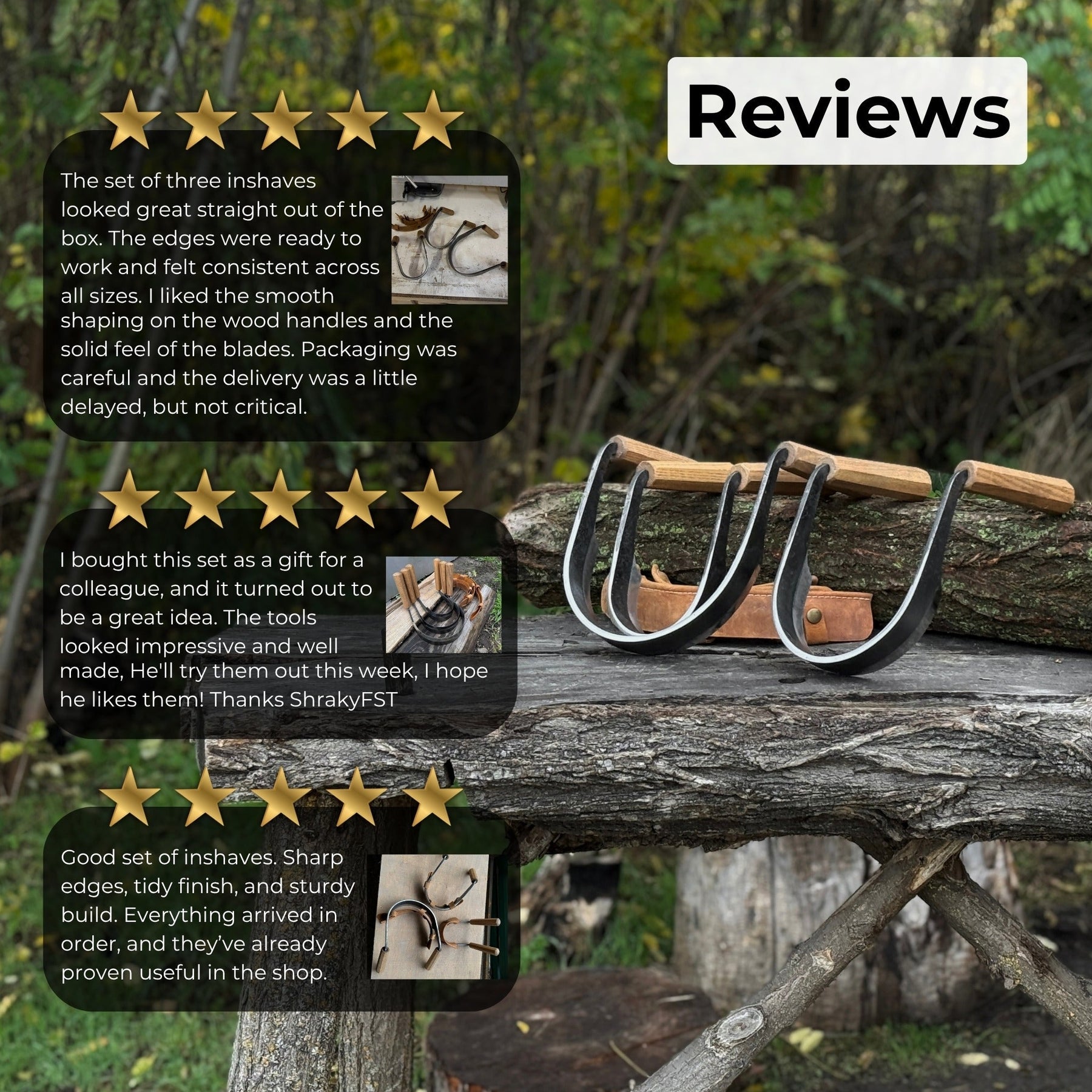 3-Piece Inshave (Half-Rounded Drawknife) Set detail view by Sharky Forged Steel Tools
