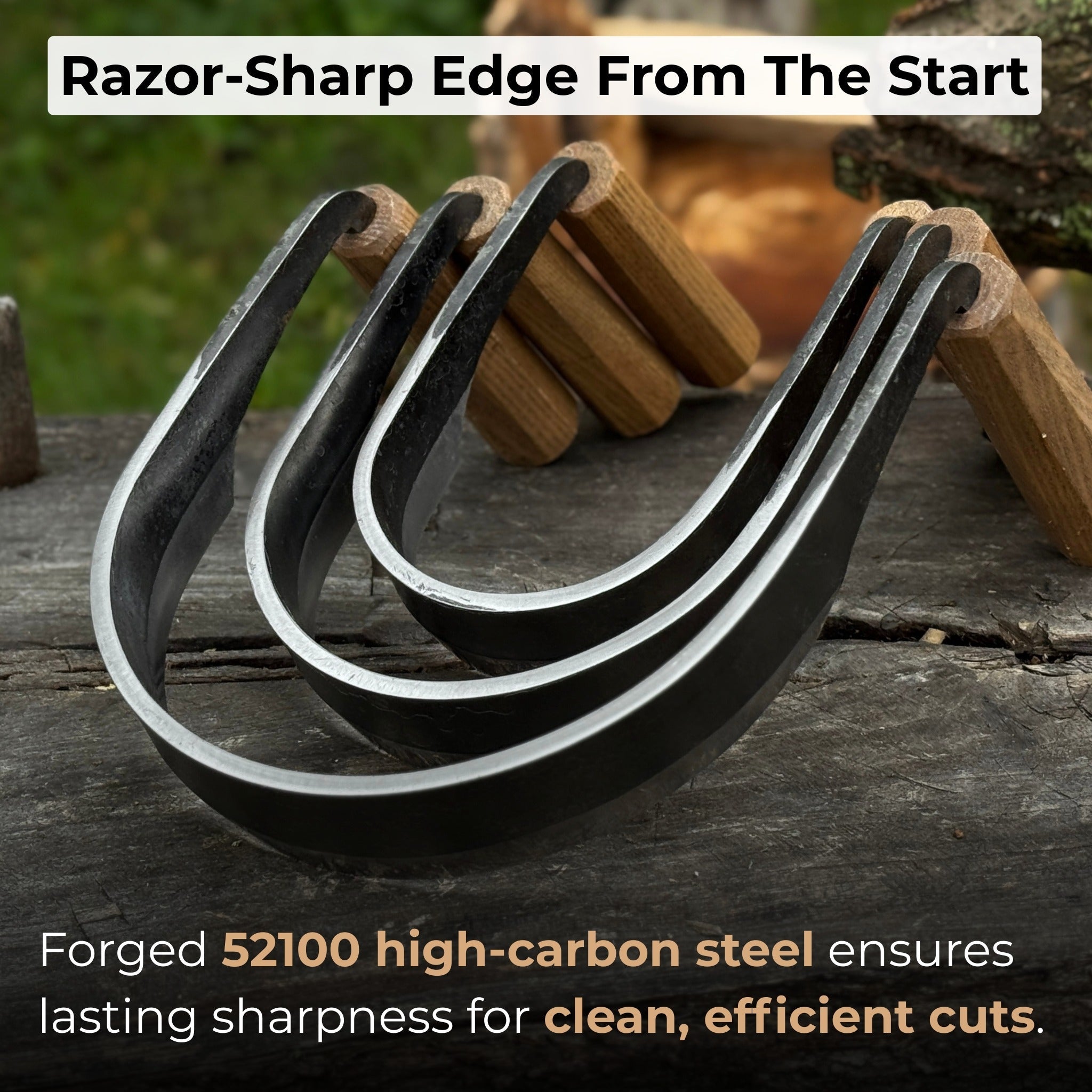 3-Piece Inshave (Half-Rounded Drawknife) Set detail view by Sharky Forged Steel Tools