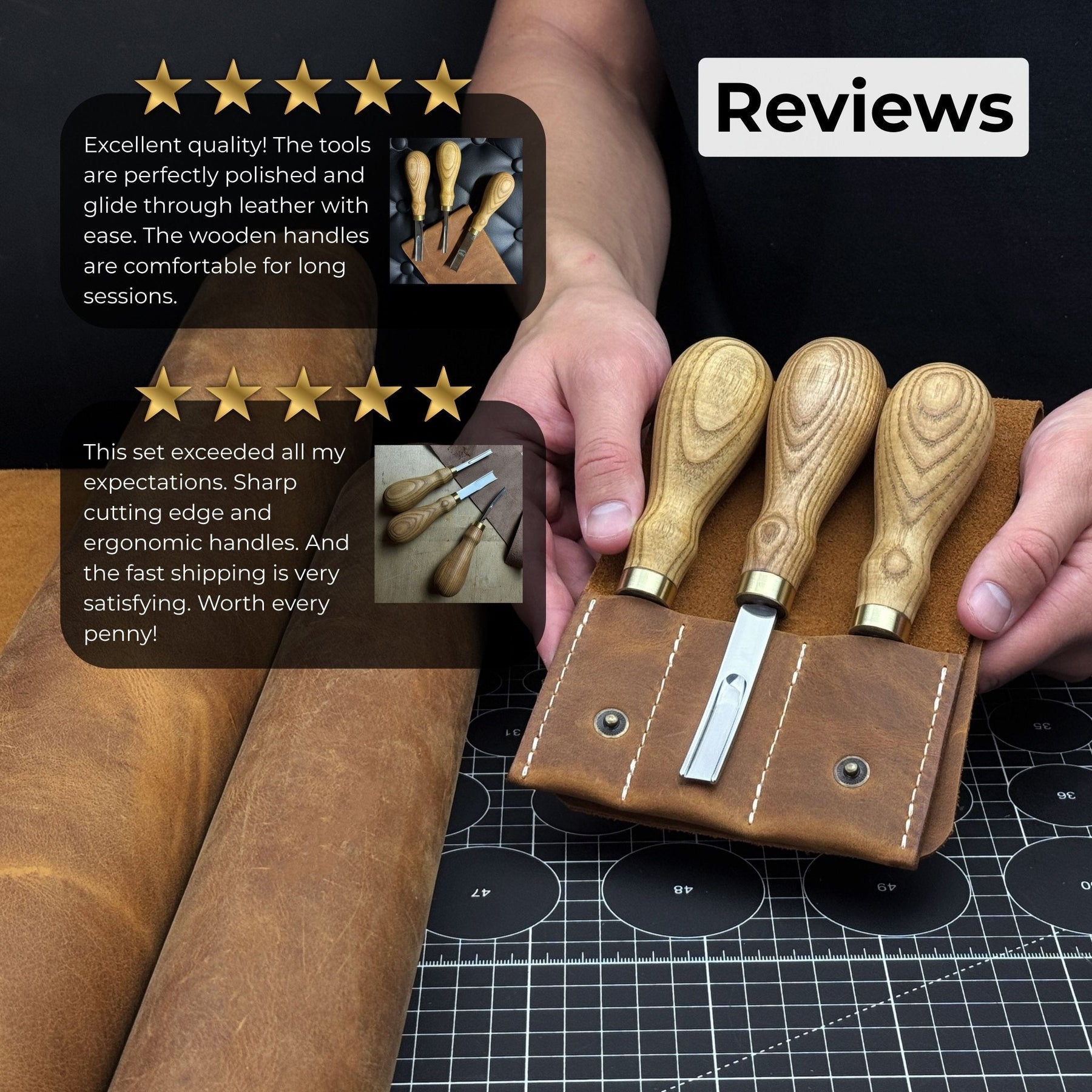 3-Piece Leather Edge Skiver Set detail view by Sharky Forged Steel Tools
