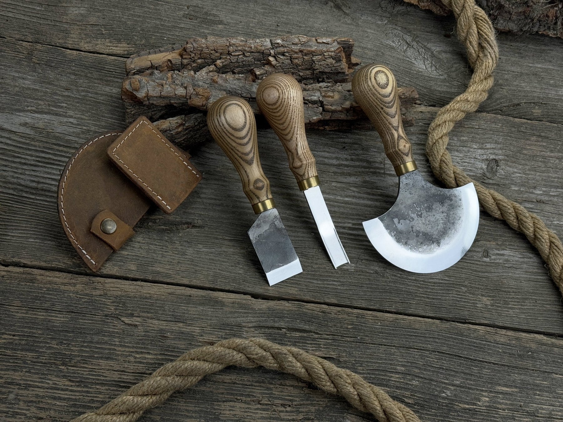 3-Piece Leather Working Kit with Leather Sheaths detail view by Sharky Forged Steel Tools