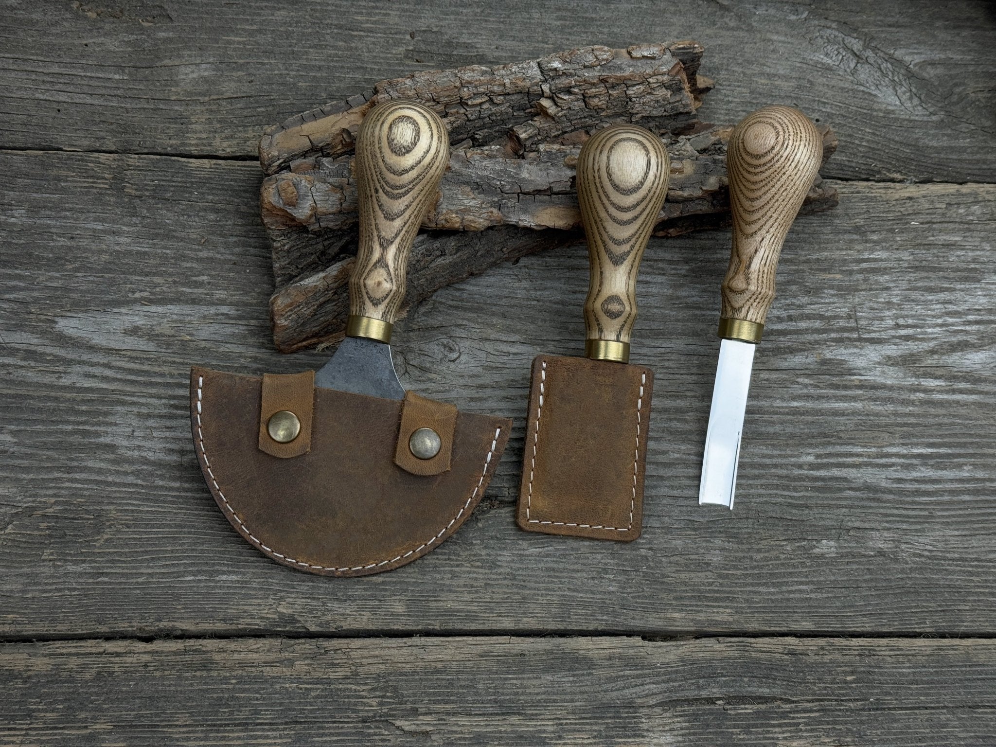 3-Piece Leather Working Kit with Leather Sheaths detail view by Sharky Forged Steel Tools