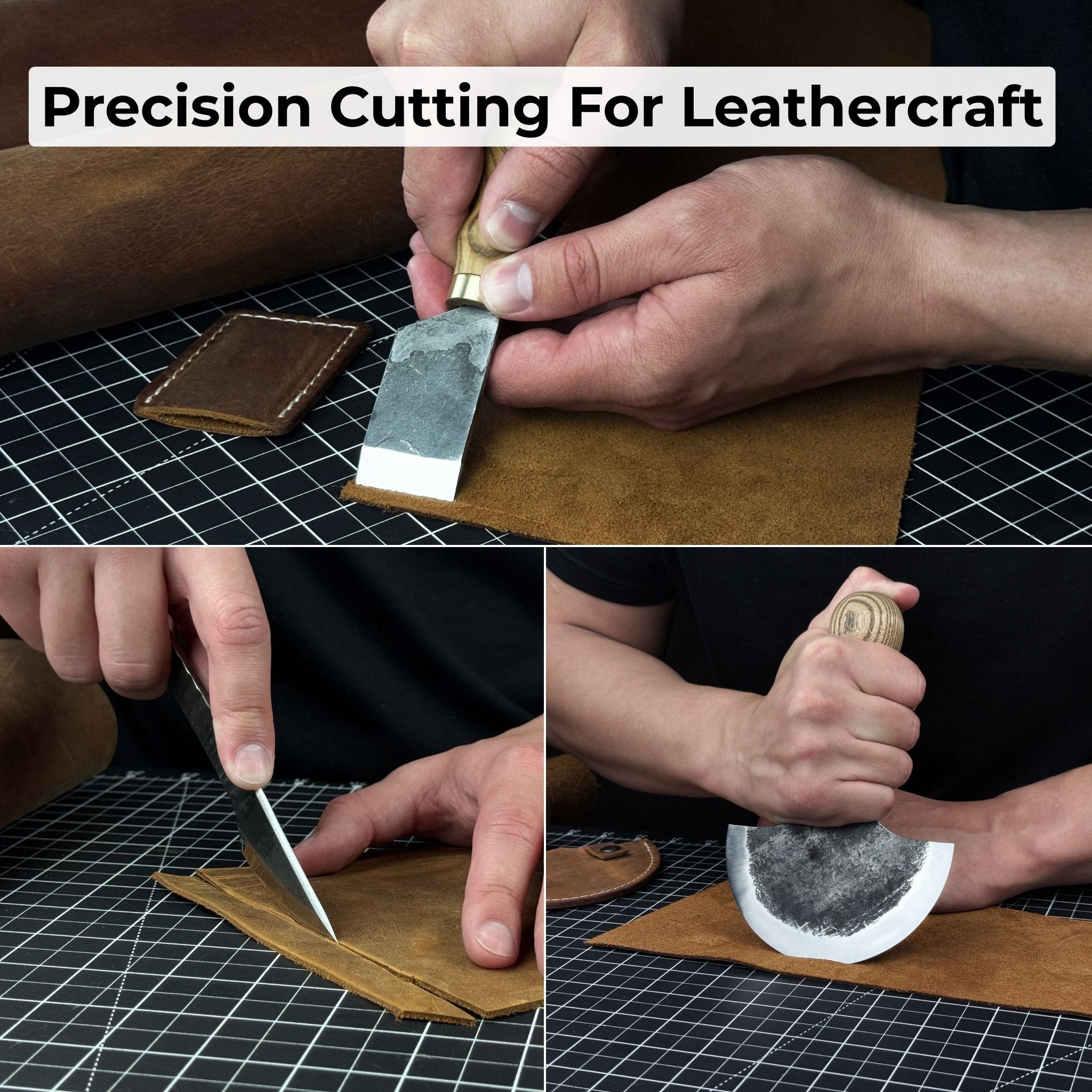 3-Piece Leatherworking Knife Set with Leather Sheaths detail view by Sharky Forged Steel Tools