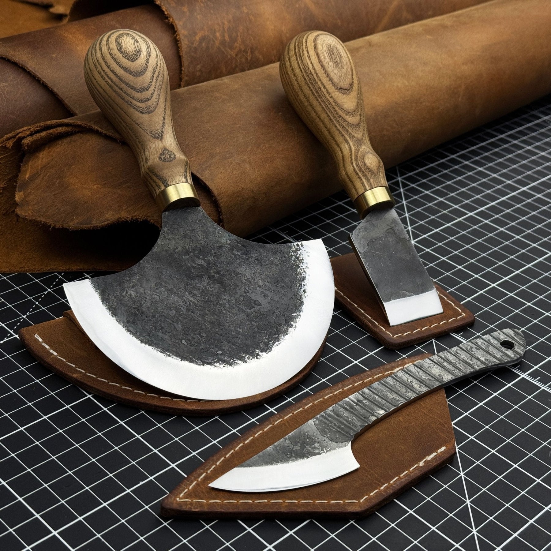 3-Piece Leatherworking Knife Set with Leather Sheaths by Sharky Forged Steel Tools