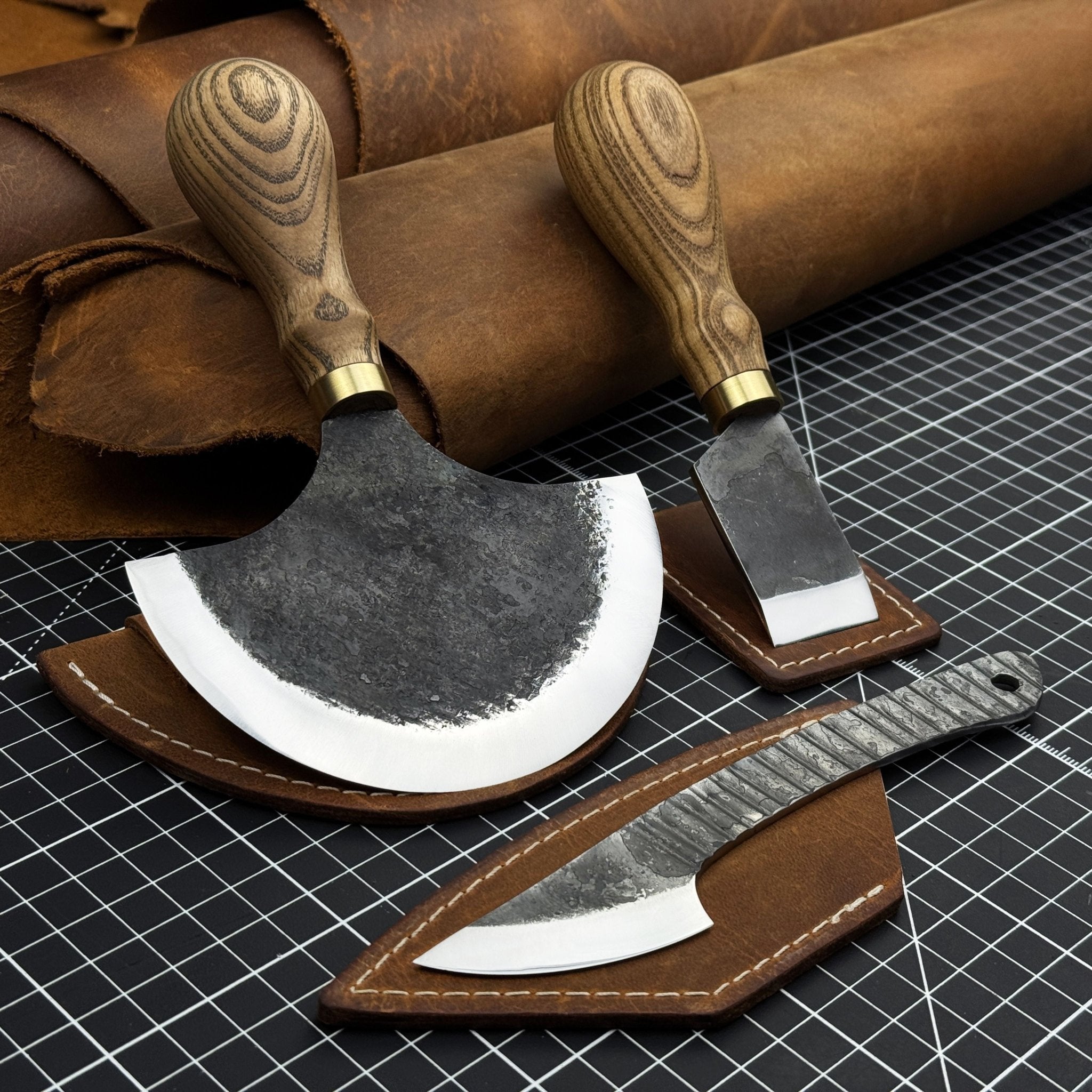 3-Piece Leatherworking Knife Set with Leather Sheaths by Sharky Forged Steel Tools