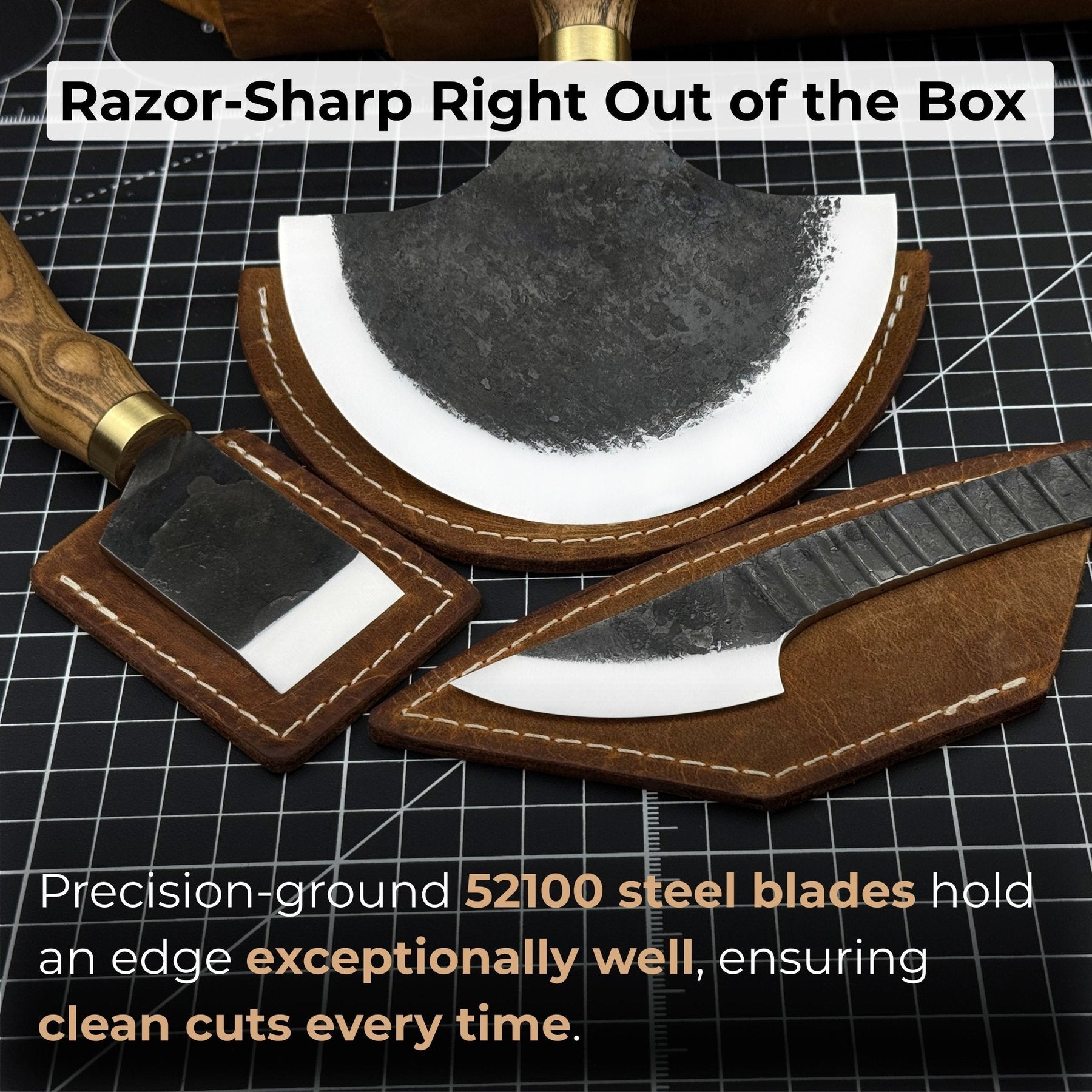 3-Piece Leatherworking Knife Set with Leather Sheaths detail view by Sharky Forged Steel Tools