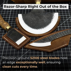 3-Piece Leatherworking Knife Set with Leather Sheaths detail view by Sharky Forged Steel Tools