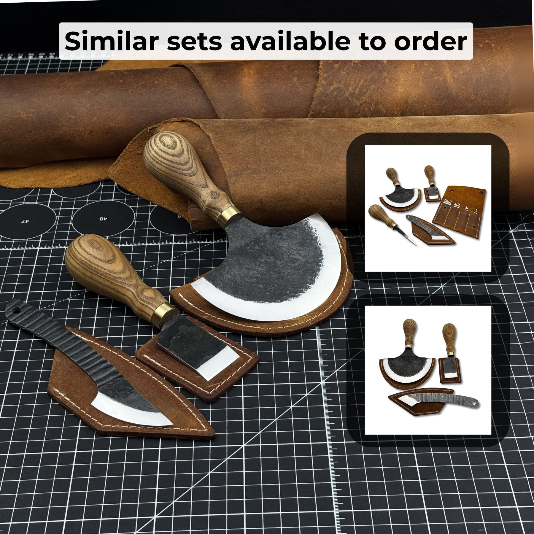 3-Piece Leatherworking Knife Set with Leather Sheaths detail view by Sharky Forged Steel Tools