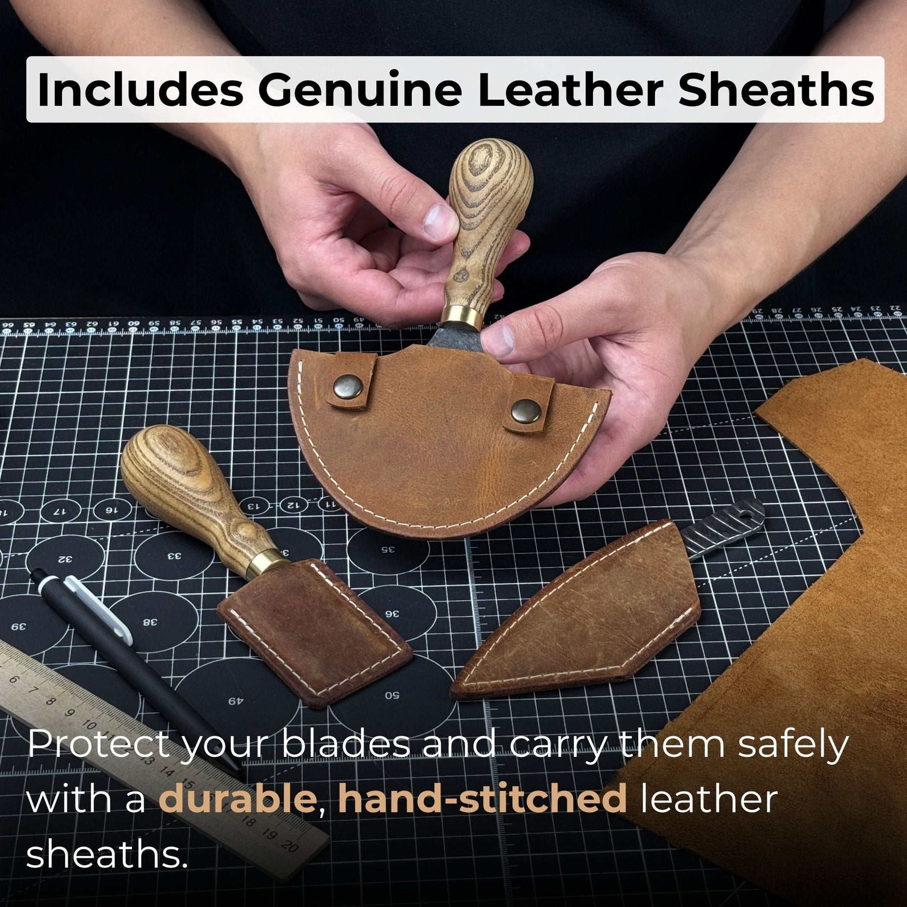 3-Piece Leatherworking Knife Set with Leather Sheaths detail view by Sharky Forged Steel Tools