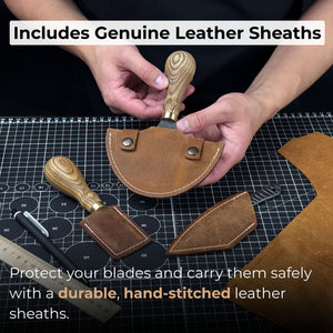 3-Piece Leatherworking Knife Set with Leather Sheaths detail view by Sharky Forged Steel Tools