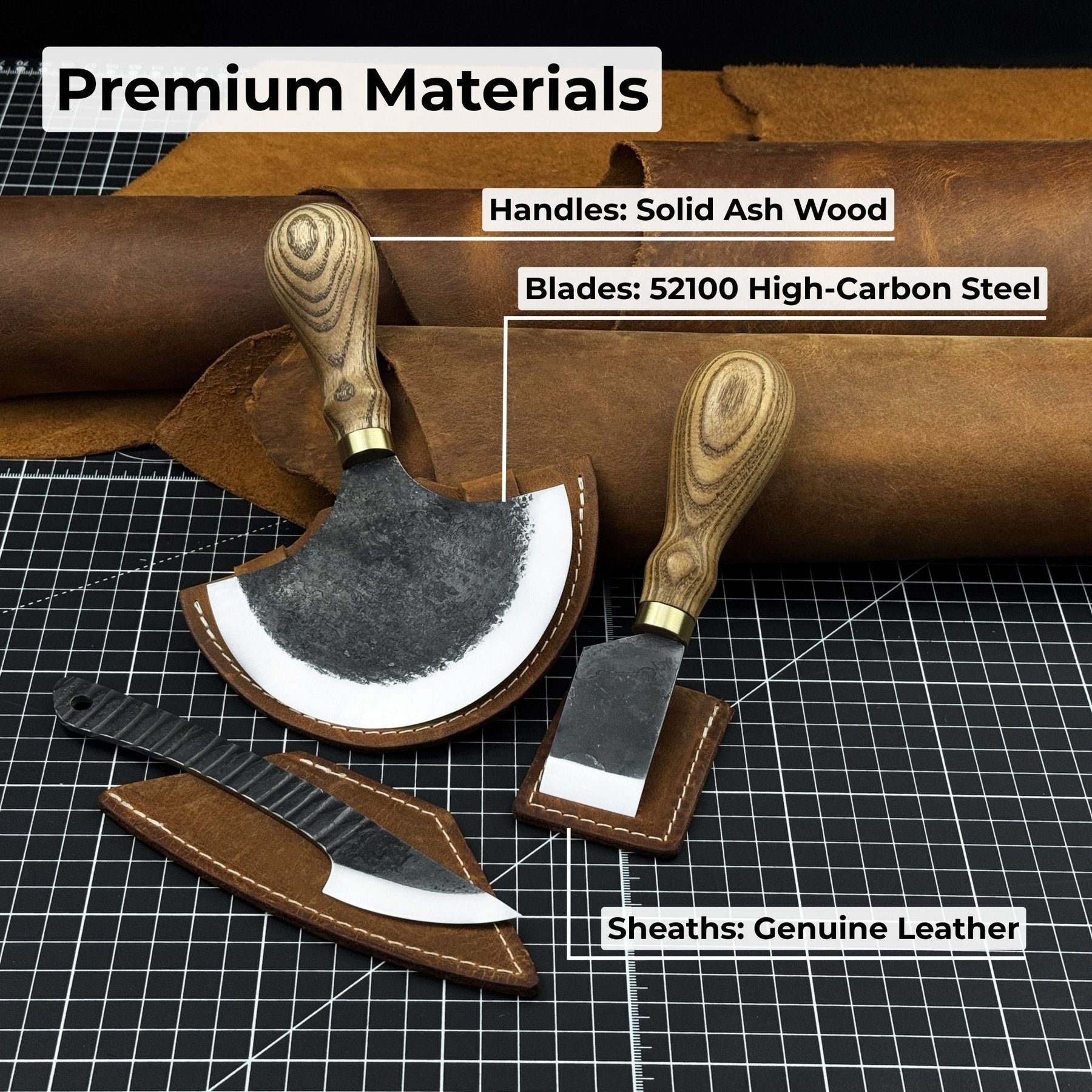 3-Piece Leatherworking Knife Set with Leather Sheaths detail view by Sharky Forged Steel Tools