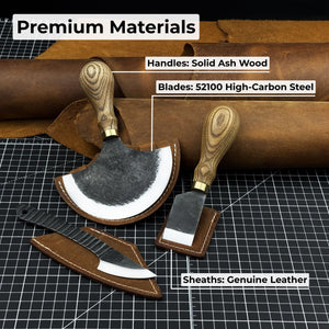 3-Piece Leatherworking Knife Set with Leather Sheaths detail view by Sharky Forged Steel Tools