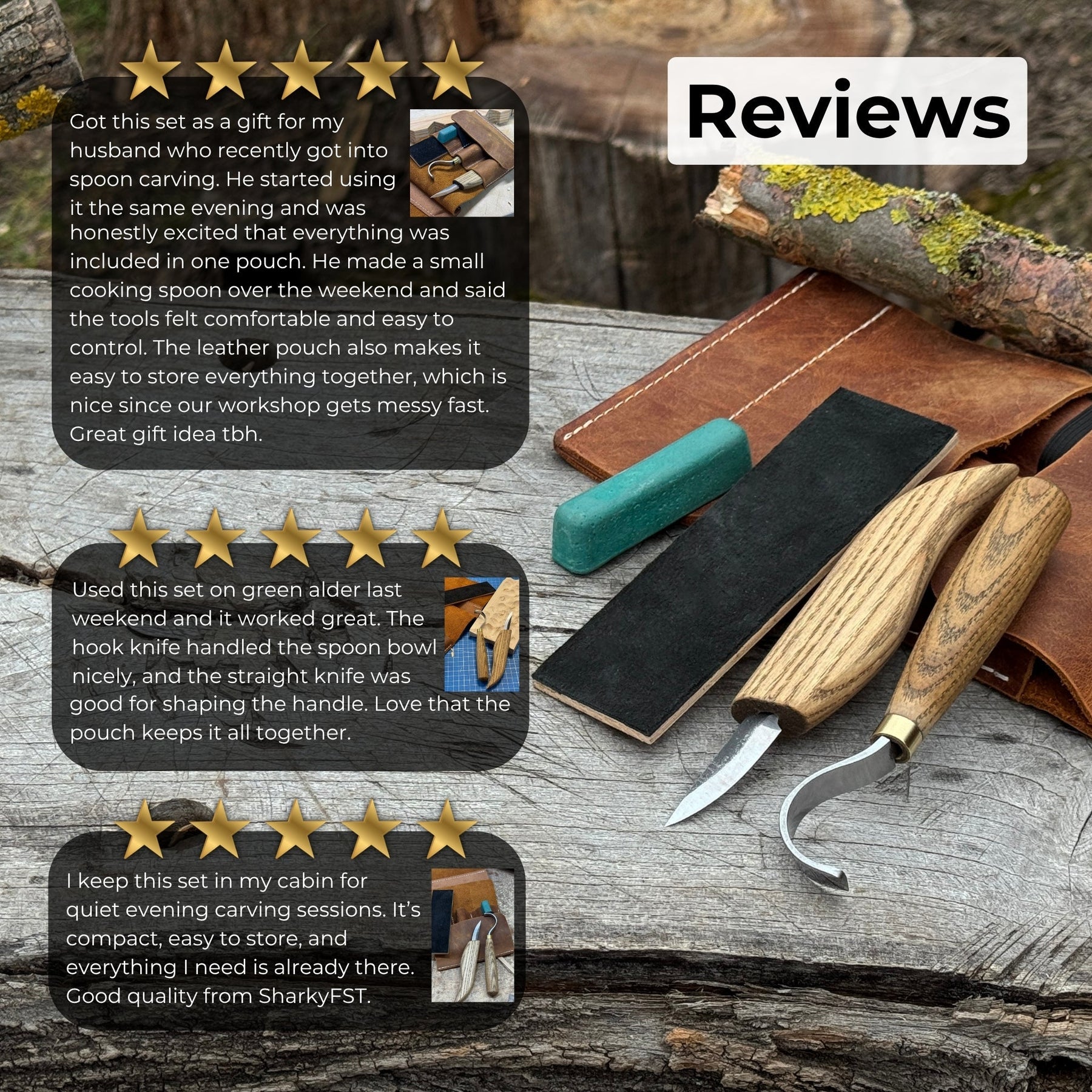 3-Piece Spoon Carving Set – Whittling Knife, Hook Knife & Sharpening Strop detail view by Sharky Forged Steel Tools