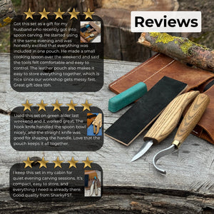 3-Piece Spoon Carving Set – Whittling Knife, Hook Knife & Sharpening Strop detail view by Sharky Forged Steel Tools