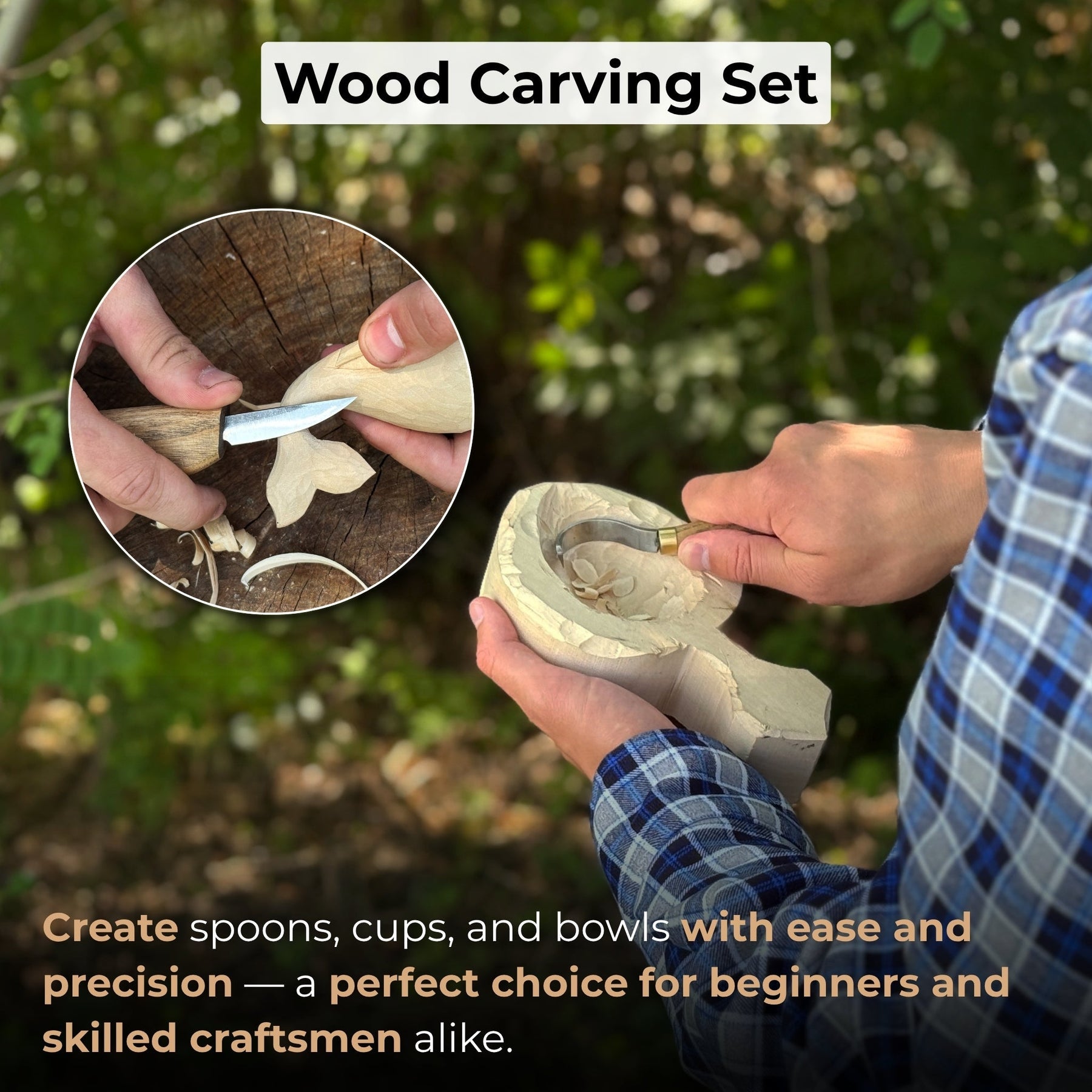 3-Piece Spoon Carving Set – Whittling Knife, Hook Knife & Sharpening Strop detail view by Sharky Forged Steel Tools