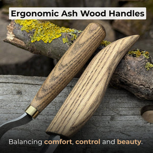 3-Piece Spoon Carving Set – Whittling Knife, Hook Knife & Sharpening Strop detail view by Sharky Forged Steel Tools