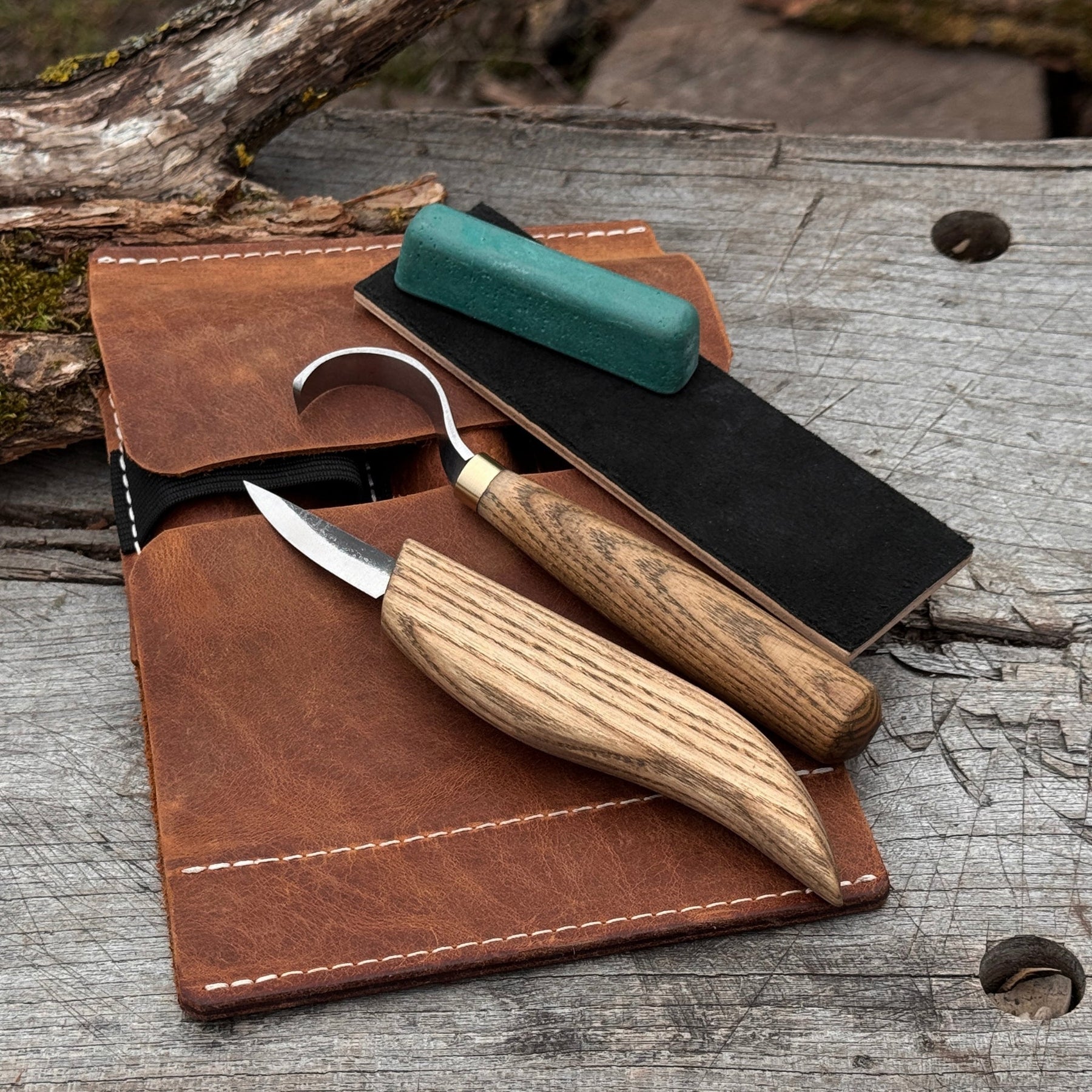 3-Piece Spoon Carving Set – Whittling Knife, Hook Knife & Sharpening Strop by Sharky Forged Steel Tools