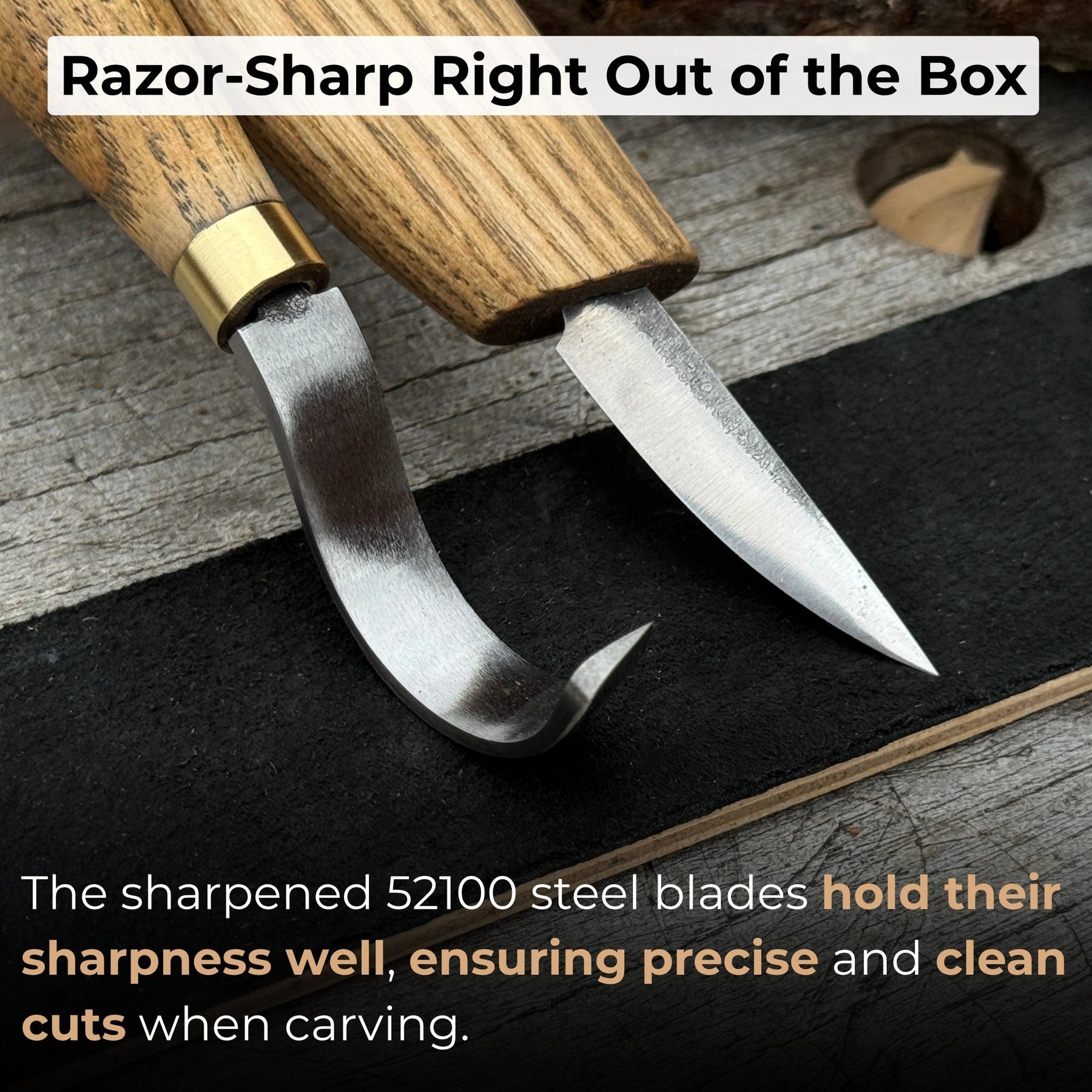 3-Piece Spoon Carving Set – Whittling Knife, Hook Knife & Sharpening Strop detail view by Sharky Forged Steel Tools