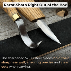 3-Piece Spoon Carving Set – Whittling Knife, Hook Knife & Sharpening Strop detail view by Sharky Forged Steel Tools